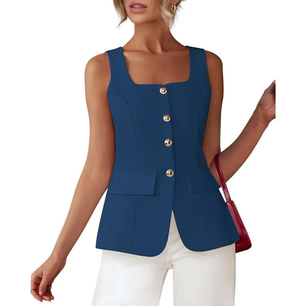 Women's Blue Sleeveless Suit Vests Dressy Casual Square Neck Business Work